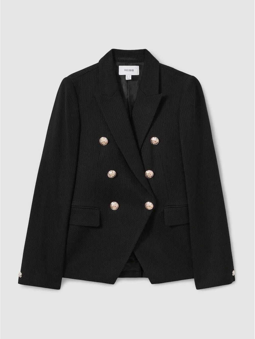 New REISS Tally Tailored Fit Textured Double Breasted Blazer in Black Sz 0 $490